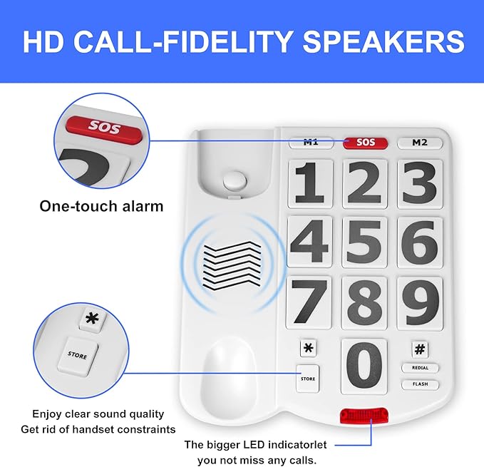 Large Key Wired Telephone, Adjustable Ringing Tone, and earpiece Volume, The earpiece can be Adjusted to Ultra-high Volume, which is Helpful for Those