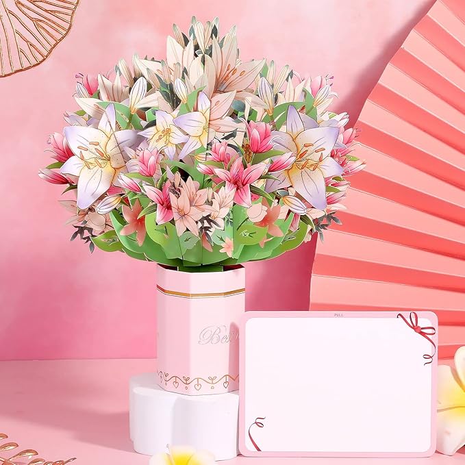 Get Well Soon Card, Popup Flower Lilies Birthday Card Thinking of You Gift Care Gift Cards for Women Mom Wife Friends Female Congratulations Gifts Anniversary Card