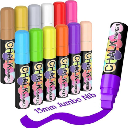 KERIFI Window Markers for Car, 15mm Jumbo Liquid Chalk Markers, Washable & Wet Erase Chalk Pens for Blackboard, Chalkboard, Signs, Glass, Window, Graduation Celebration School (12 Neon Colors)