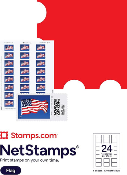 Flag NetStamps 120-Pack (5 Sheets) Printable Postage Labels (Stamps.com Subscription Required) - Print Approved Postage - Inkjet & Laser Printers - Business, Personal, Home