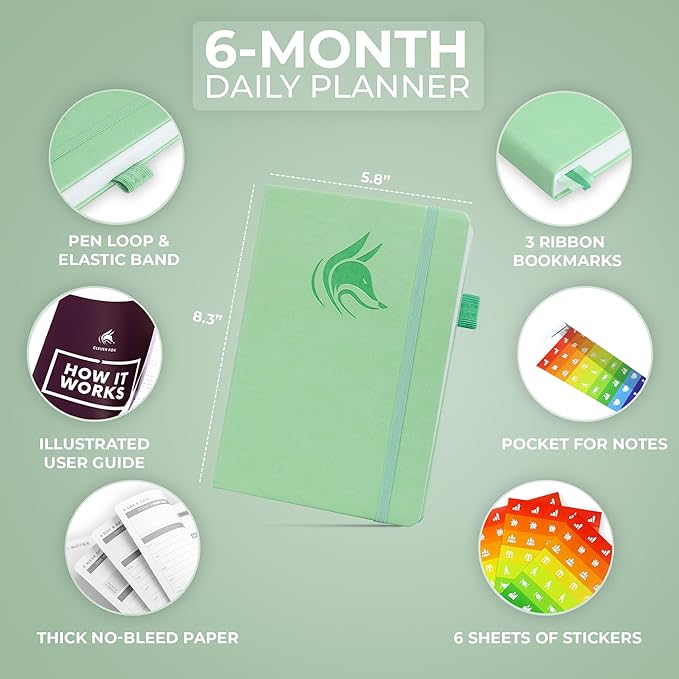 Clever Fox Daily Planner – Undated Planning Notebook with Hourly Schedule & to-Do List – Personal Day Task & Work Organizer, 6 Months (Mint Green)