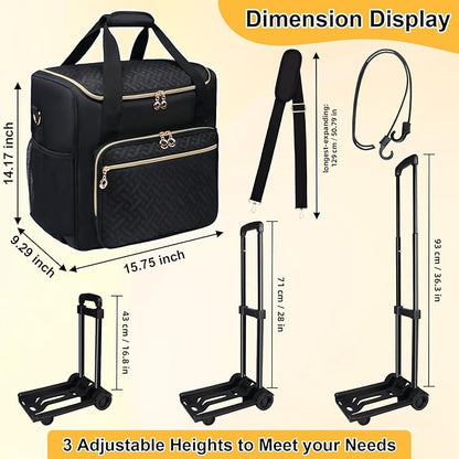 Rolling Teacher Tote Bag with Detachable Trolley, Wheeled Teacher Bag with 15 Inch Laptop Compartment, Soft Nylon Multifunctional Tote Bag with Wheels for Teaching& Office Supplies (Black)
