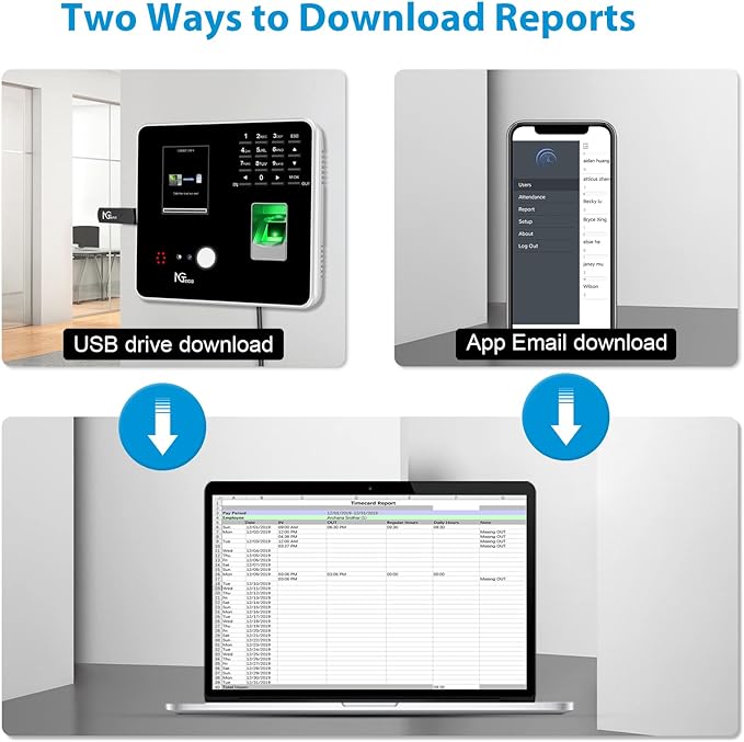 NGTeco Time Clocks for Employees Small Business with Face, Finger Scan, RFID and PIN Punching in One, MB2 Office Time Card Machine Automatic Punch with APP for iOS Android (0 Monthly Fee)