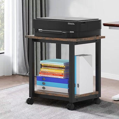 Under Desk Printer Stand, 2-Tier 19.5''x 16''x 22'' Rolling Printer Stand Storage Shelves for Printer, Scanner, Fax Machine, Files, Books with Anti-Skid Feet for Home, Office, Brown