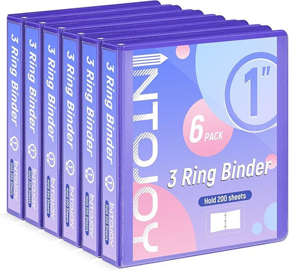 3 Ring Binder 1 Inch, IntoJoy 6 Pack Clear View 3 Hole Binder PVC-Free Fits 8.5x11 Inch Paper Flexible Round Ring Binders for School Office Home Binder Supplies (Purple)