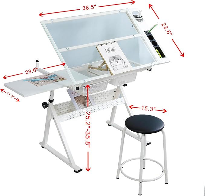 LifeSky Drafting Table Adjustable for Artists - Art Drawing Desk with Storage for Painting Sketching - Glass Top for Painters Illustrators Cartoonists White