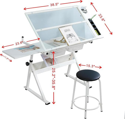 LifeSky Drafting Table Adjustable for Artists - Art Drawing Desk with Storage for Painting Sketching - Glass Top for Painters Illustrators Cartoonists White