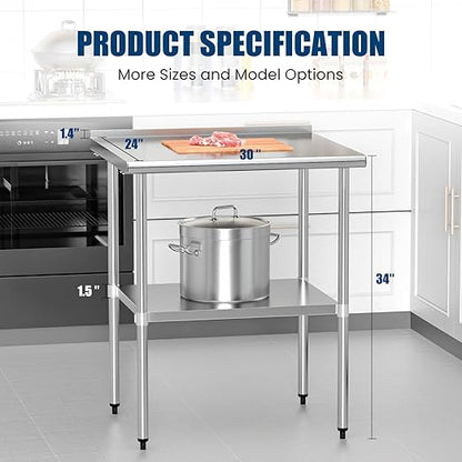 Stainless Steel Table 24 x 30 Inches Metal Prep Table with Backsplash & Adjustable Undershelf, Stainless Table for Commercial Kitchen, Outdoor, Restaurant, Hotel & Garage