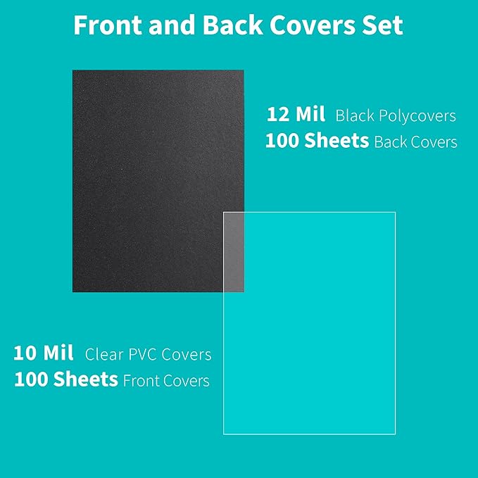 Binditek 200 Pack Binding Covers and Backs Set, 8.5 x 11 Inches, Including 100 Pcs 10 Mil Clear PVC Binding Covers, 100 Pcs 12 Mil Sand-Textured Polycovers, for Letter Size