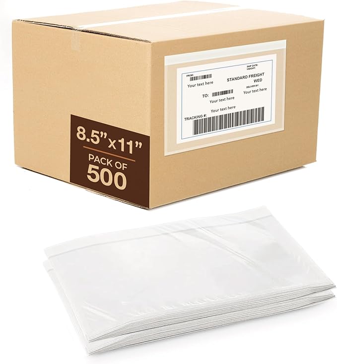 8.5x11 Shipping Label Sleeves 500 Pack Strong Adhesive Back for Secure Package Labelling, Protects Documents with Packing Slip Pouches Packing Sleeves for Mailing and Packaging -WaterProof and Durable