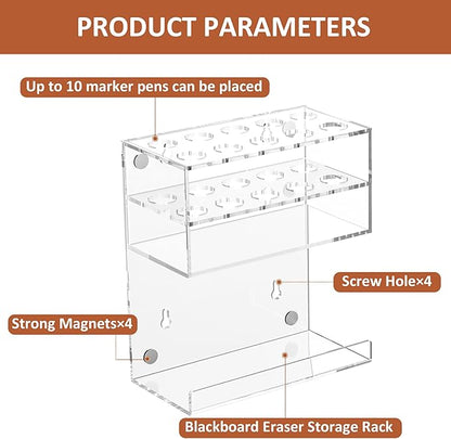 Acrylic Clear Magnetic Whiteboard Marker Holder,Wall Mounted Dry Erase Whiteboard Marker Holder Stand with 10 Marker Solts and Eraser Holder for School Office Home(Clear, 2)