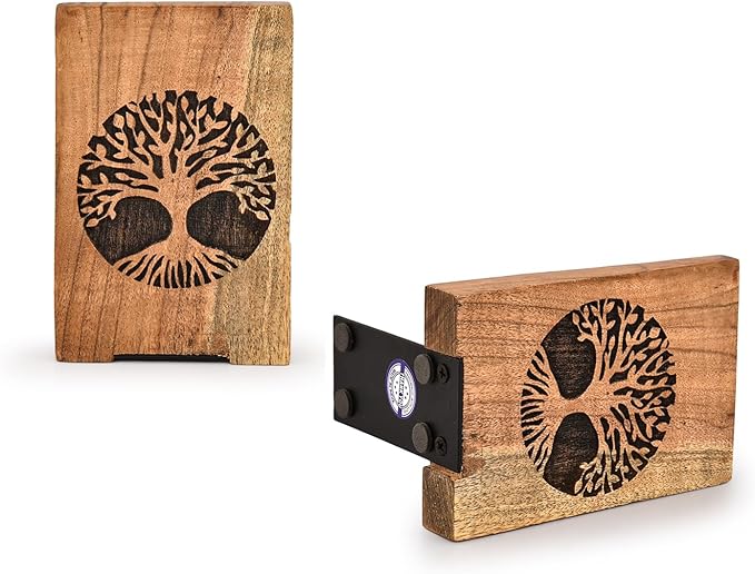 NIRMAN Office Bookends Iron & Acacia Wood Tree of Life Office Bookends for Shelves or Bookcase Heavy Bookends, Home Décor Gift (4" X 4" X 6"), (Set of 2)