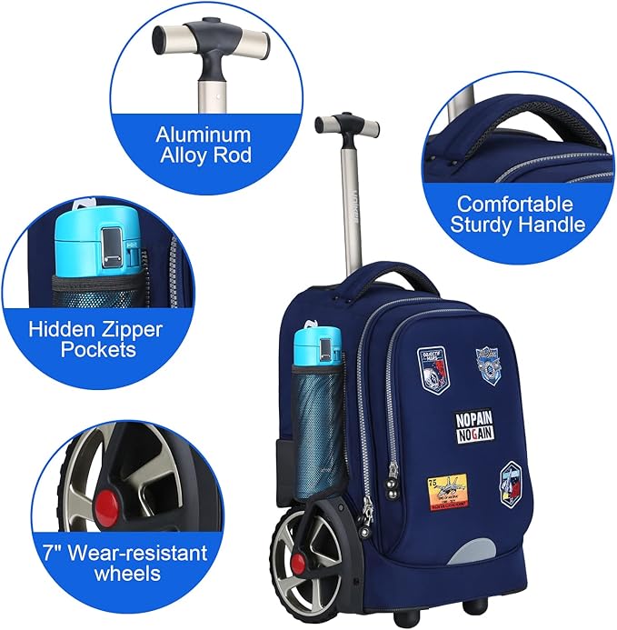 UNIKER Rolling Backpack without Straps for Boys, Roller Travel Bag,Wheeled Bookbag High School,Trolley Middle School Bag for Teens,Schoolbag with Wheels
