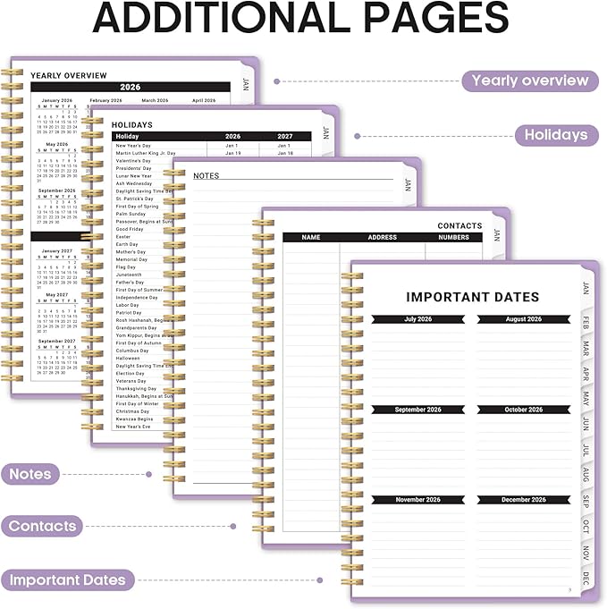 2026 Planner, Weekly and Monthly Calender Planner, Jan 2026 to Dec 2026, Hardcover 2026 Calendar Planner Book with Tabs & Inner Pocket, Office Home School Supplies for Women & Men - A5 (6.3" x 8.5"), Purple