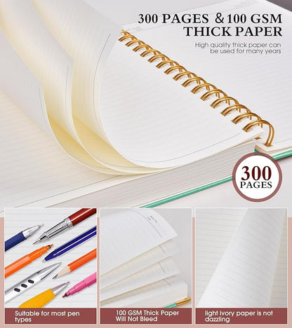 Spiral Notebook Journal 8.5” x 11”, 300 Pages Hardcover Leather Lined Journals for Women Men, A4 Large College Ruled Notebooks with 100 GSM Thick Paper, Spiral Journal for Writing Work School, Teal