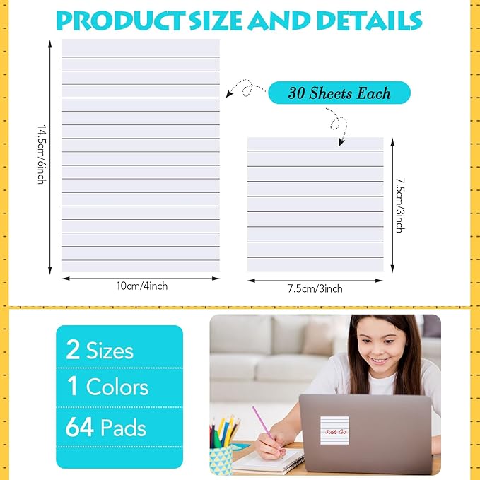 Yexiya 64 Pcs Lined Sticky Notes Self Stick Notes with Lines Bright Assorted Colors Sticky Notes for Home Office Products Post Memos, 1920 Sheets(3 x 3 Inch, 4 x 6 Inch,Mixed Color)