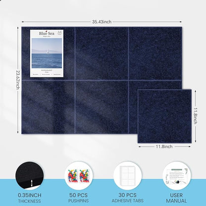 Large Cork Bulletin Board for Wall 36"x24", 6 Pack Felt Wall Tiles with 50 Pushpins, 30 Safe Removable Adhesive Tabs, Decorative Pin Board Tack Board for Office Home School, Dark Blue