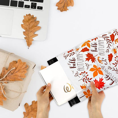 100 Pcs Fall Poly Mailers 10 x 13 Inch Hello Autumn Maple Leaves Mailing Bags Thanksgiving Orange Self-Sealing Plastic Packaging Envelopes Bags Shipping Bags for Small Business Clothing