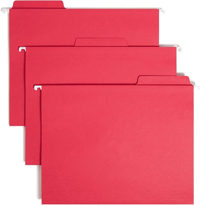 Smead FasTab Hanging File Folder, 1/3-Cut Built-in Tab, Letter Size, Red, 20 per Box (64096) (Pack of 1)