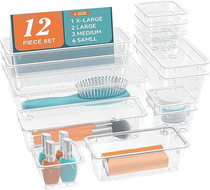 12-Piece Drawer Organizer Set, 4 Sizes Clear Plastic Makeup Vanity Organizer for Makeup, Stationery, Gadgets, Kitchen, Bathroom, Office, Bedroom