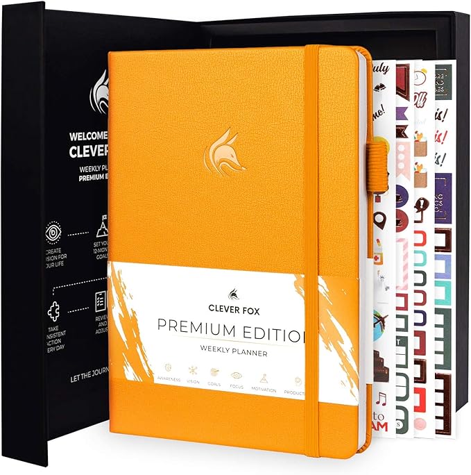 Clever Fox Planner Premium Edition – Undated Luxurious Weekly & Monthly Planner to Increase Productivity and Hit Your Goals – Organizer – Start Anytime, A5, Lasts 1 Year, Amber Yellow (Weekly)