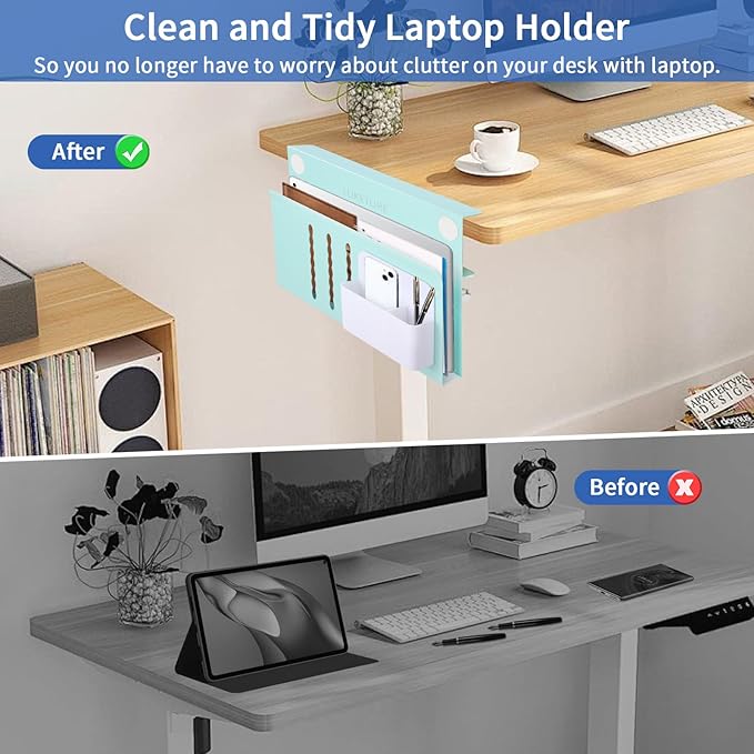 LUKETURE Desk Side Storage, Steel Hanging Organizer, No Drill Laptop Holder with Pen Holder, Side Desk Organizer, Space Saving Table Accessories for Home Office Workspacee (Blue, M(1 Tier))
