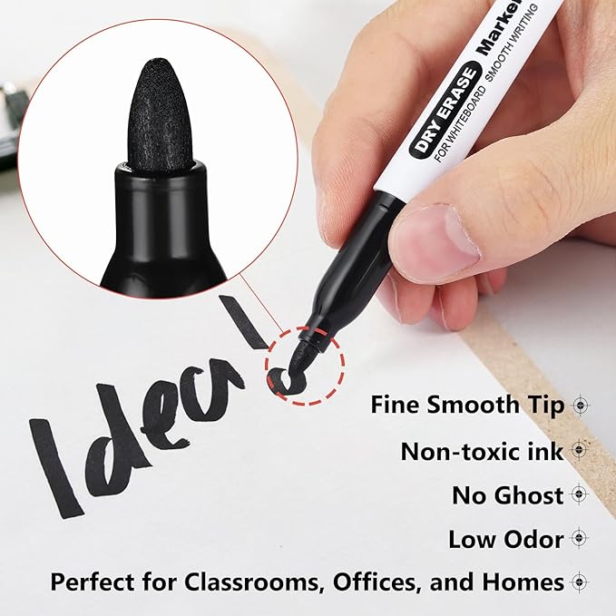 Fine Tip Dry Erase Markers - 24 Pack Black Whiteboard Erasable Markers Bulk for Kids Adults, Ideal for Classroom School Office Home Use on White Board, Non-Toxic Easy Clean