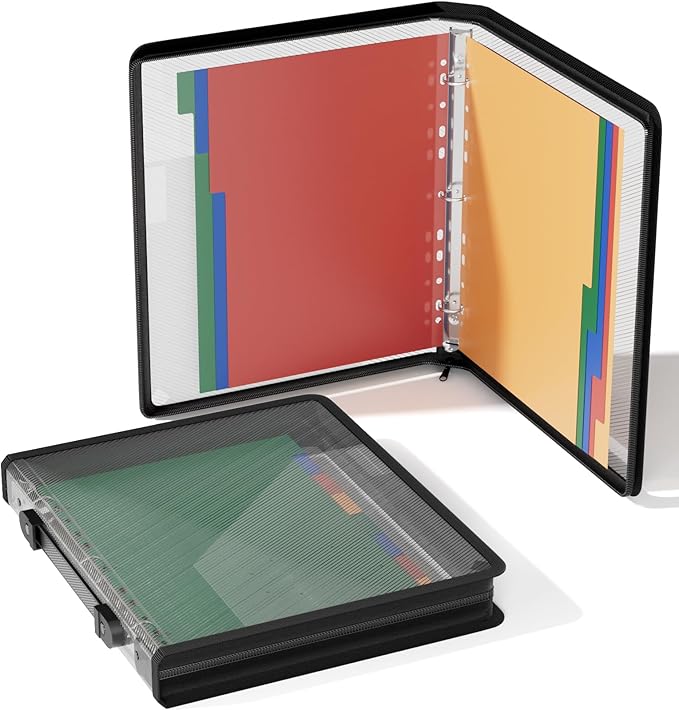 ABC life Zipper Binder with 8 Insertable Plastic Dividers, Document Folder 3 Ring Binder,Retractable Handle, Perfect for School,Project Organization, Holds 300 A4/Letter Size Papers,Black Transparent