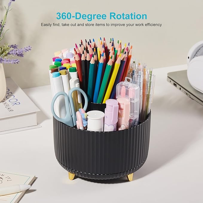 Desk Pencil Pen Holder, 5 Slots 360 Degree Rotating Pencil Pen Organizers Desk Organizers for Office Accessories Shool Supply Black
