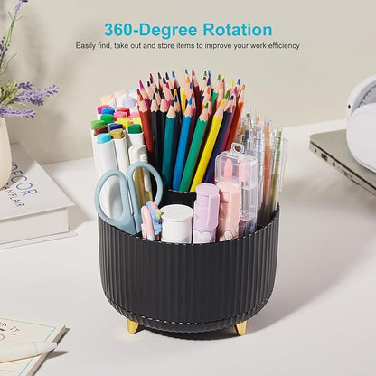 Desk Pencil Pen Holder, 5 Slots 360 Degree Rotating Pencil Pen Organizers Desk Organizers for Office Accessories Shool Supply Black