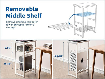 3-Tier Heavy-Duty Printer Stand – Multi-Functional Office Organizer with Wood Top, Perfect for Desk Underneath Storage,White with White Board