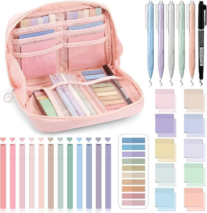 Jutom 39 Pcs Aesthetic Book Annotation Kit Pencil Case Bag with Highlighter Gel Pen 700 Sheets Transparent Sticky Notes Pads Index Tab Bible Study Supplies for School(Pink,Kawaii Style)