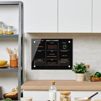 Okydoky Glass Dry Erase Whiteboard,Weekly Whiteboard,12" x 16",Frameless Glass White Board for Home,School,Office,Black Surface(Glass Weekly-BK-3040)