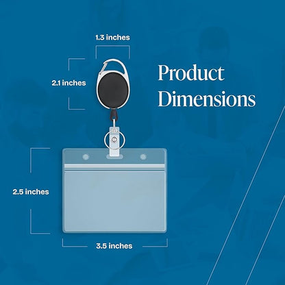 Will Well ID Badge Holders with Clip and Keyring - Horizontal Clear Plastic 3.7" x 2.5" Sleeves Fit Up to 3 Cards - Easy-Access Retractable 24" UHMWPE Fiber Pull Cords - 10-Pack, Black Reels