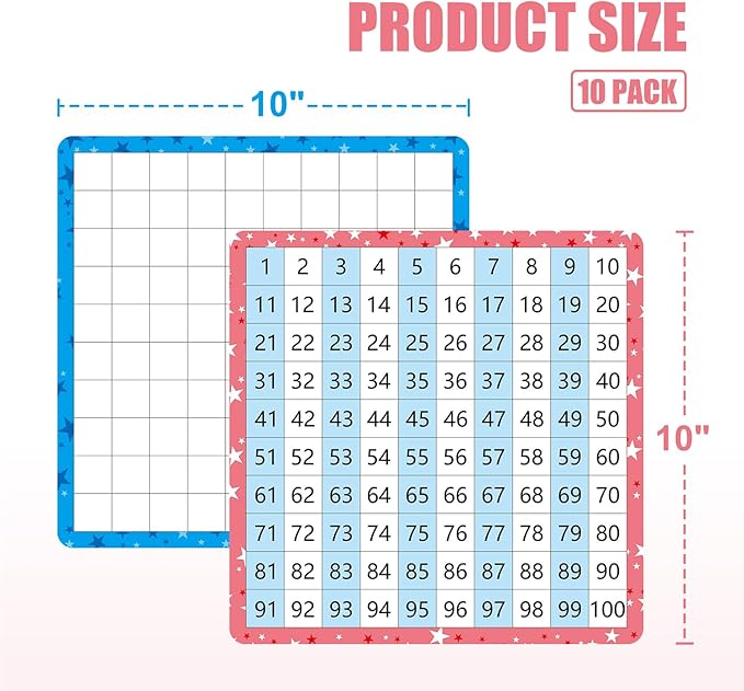 10 Pack Dry Erase Math Hundred Board Card Laminated Double Sided Number 1-100 Chart Easy to Write Consecutive Number Counting Chart for Students Math Manipulatives