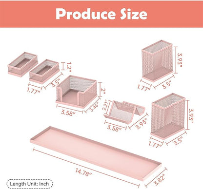SUPEASY Pen Holder for Desk, 6 Piece Mesh Desk Organizer set, Desk Accessories for Office Organization with Mail Organizer, Letter Phone Holder, Sticky Notes Caddy Storage, Pink