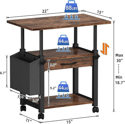 22"x15" Large Printer Stand with Storage Drawer and Side Bag, 3-Tier Height Adjustbale Printer Table for Home Office,Printer Cart fit Heat Press/Laser printer/3D Printer(Rustic Brown)