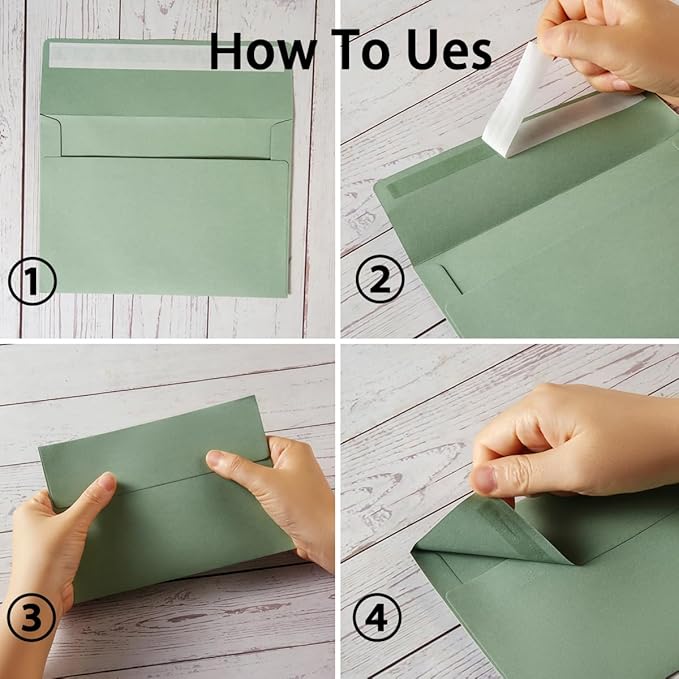 Wishop 50 Pack Self-Adhesive Envelopes with Fold Cards for Wedding Invitations, Greeting Cards, Baby Shower, Letter Mailing (Sage-Green, 5x7)