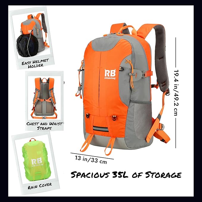 Reflective Motorcycle Backpack Lightweight, Water Resistant Casual Daypack with Laptop Pocket for Safe Commuter, Biking, and Daily Use. 35L Sport bookbag to Avoid Accidents (orange backpack)