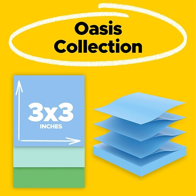 Post-it Super Sticky 100% Recycled Pop-up Notes, Oasis Collection, 3 in. x 3 in., 70 Sheets, 18 Pads, School Supplies and Office Products