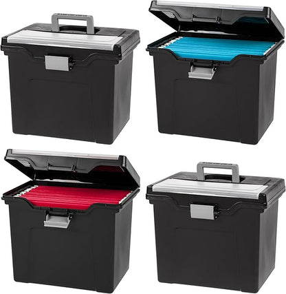 IRIS USA File Box with Lid File Organizer for Letter File w/ Organizer-Lid, Water Resistant Document Box, Plastic Mobile Filing Organizer, Secure Buckle, Portable Handle, Lockable, Black 4 Pack