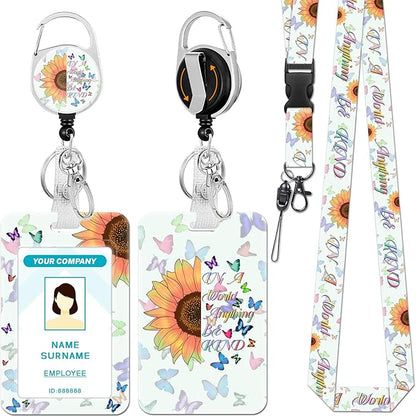 Lanyards for Id Badges, Positive Inspiration Badge Holder with Retractable Reel Clip, Sunflower Be Kind Work Name Tags Keychain Lanyard ID Card Protector for Women Teacher Nurse Office