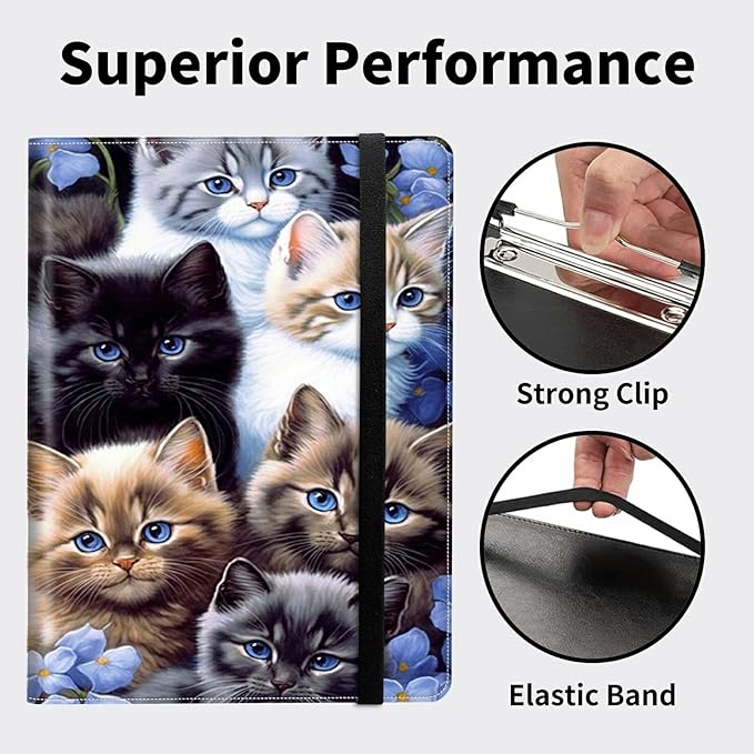 Padfolio Folder with Clipboard,Portfolios Organizer Clipboards with Storage Clipboard Writing Pad PU Leather Conference Document Organizer with Business Card Holder,Cute Cat