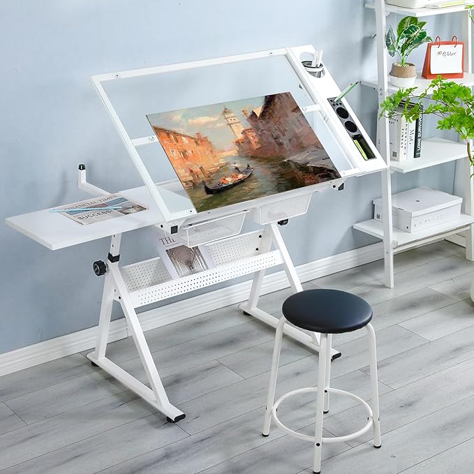 LifeSky Drafting Table Adjustable for Artists - Art Drawing Desk with Storage for Painting Sketching - Glass Top for Painters Illustrators Cartoonists White