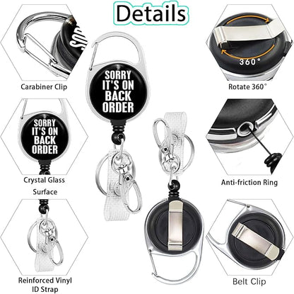 Sorry It's on Back Order Badge Reel Retractable Heavy Duty with 360° Swivel Carabiner Clip, ID Badge Holder Retractable, Nurse Teacher Retractable Keychain Name Badge Clip Pharmacy Technician Gifts