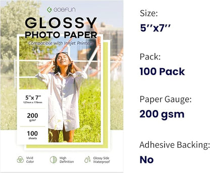 5x7 Photo Paper, Goefun 200GSM/54LB Glossy Inkjet Printer Paper for Dye Ink,100 Sheets