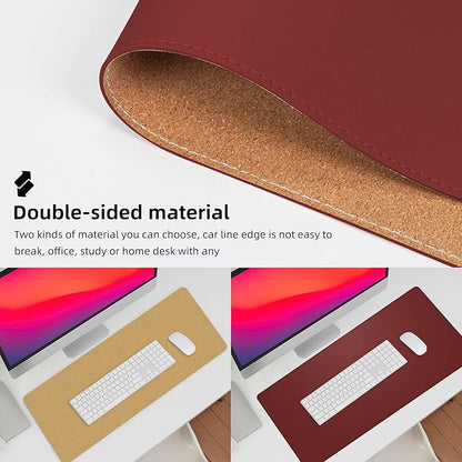 Desk Mat 35" x 17" Leather Desk Pad Protector with Natural Cork & PU Leather, Non-Slip Office Desk Mat, Double-Sided Large Mouse Pad, Waterproof Desk Cover for Office&Home (red)