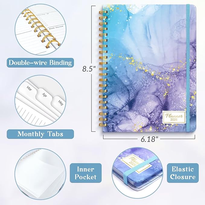 2026 Planner, A5 Weekly and Monthly Planners with Tabs, Spiral Bound Daily Calendar 2026 Planner, Agenda Organizers from Jan. to Dec., Hardcover Habit Tracker Journal 6.18" x 8.5"(Blue Marble)