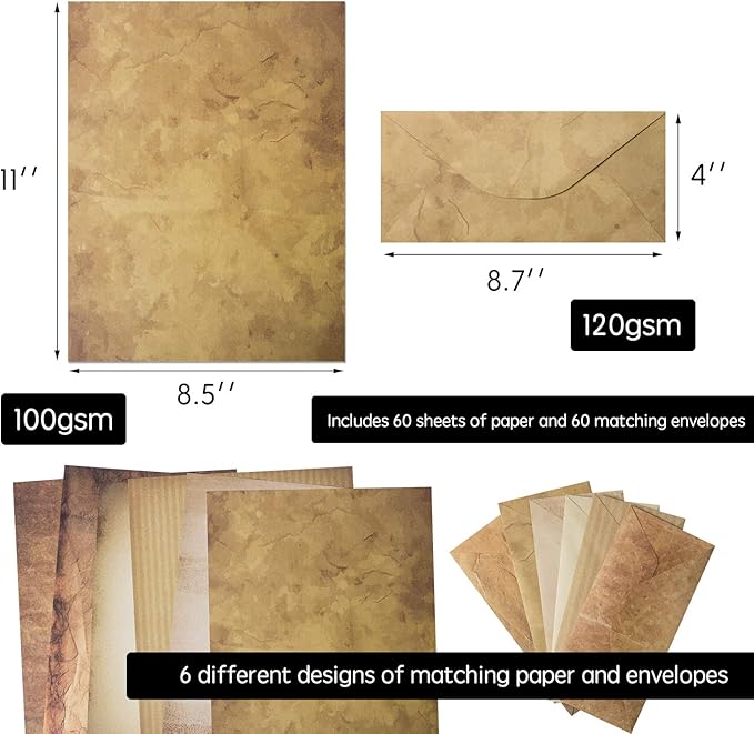 120 Pack Vintage Paper and Envelopes - 60 Sheets of Antique Looking Papers & 60 Antique Style Envelopes - Six Classic Aged Paper Designs - Vintage Printing paper, Vintage Writing Paper, 8.5 x 11 inch