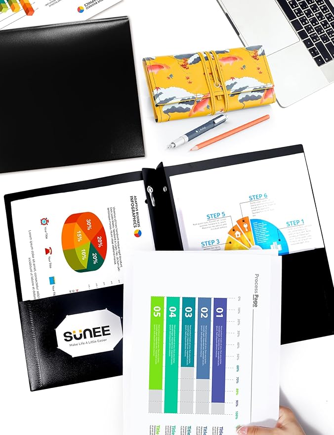 SUNEE 12-Pack Black Plastic Folders with Pockets and Prongs, Letter Size, 9 x 11.5 in